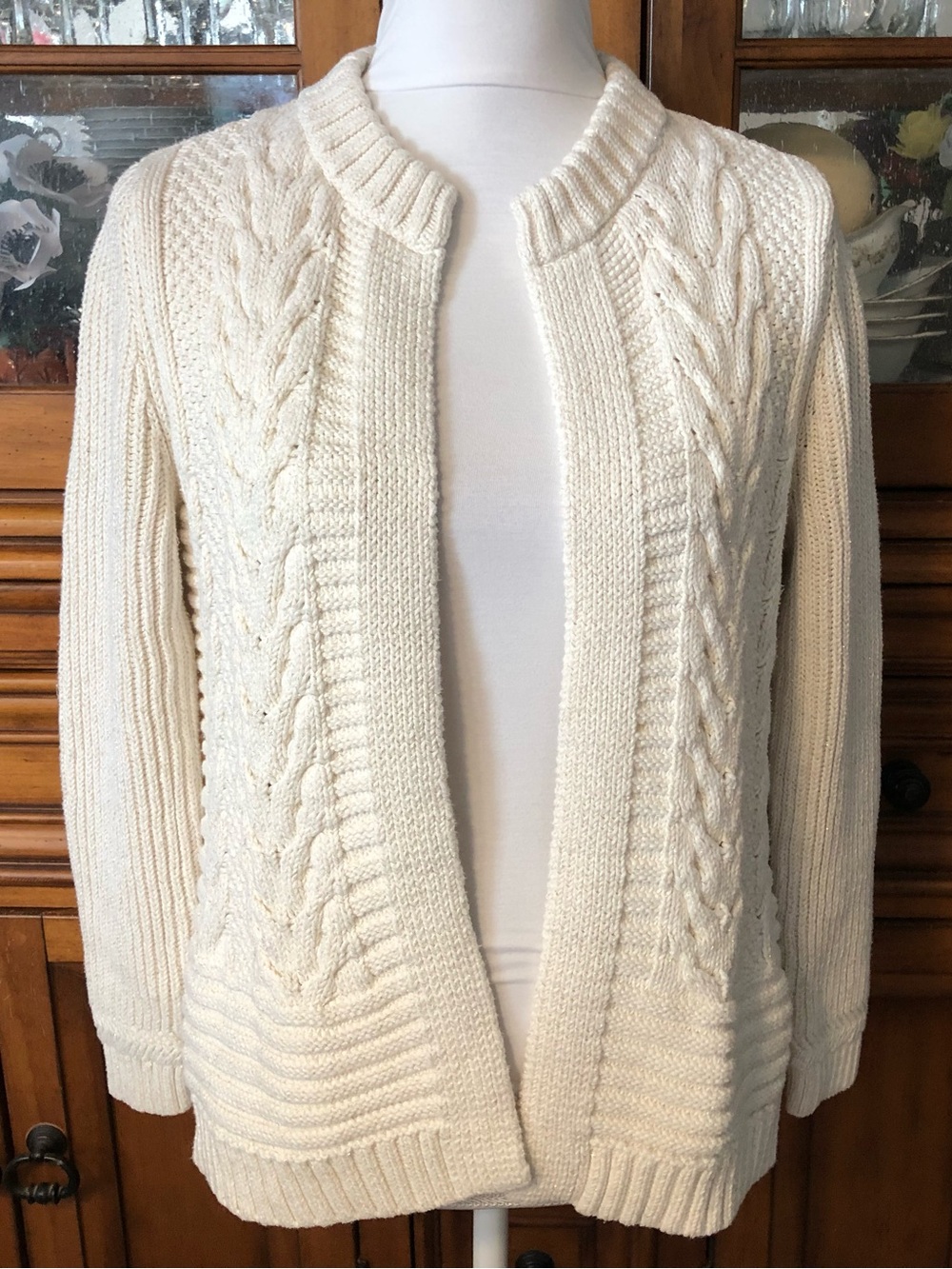 EUC Talbots Cream Cable Knit Open Cardigan Sweater
